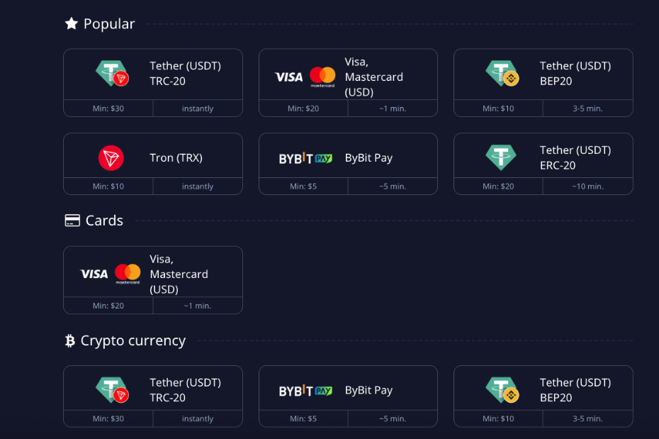 Pocket Option payment methods with minimum deposit info