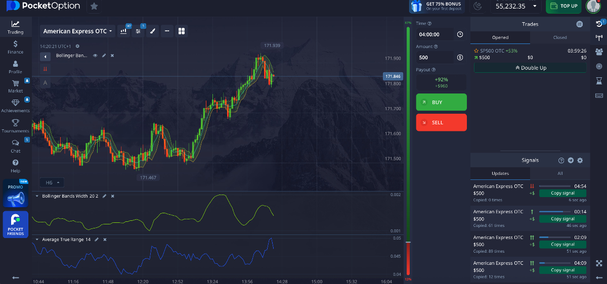 S&P 500 chart on Pocket Option's trading platform