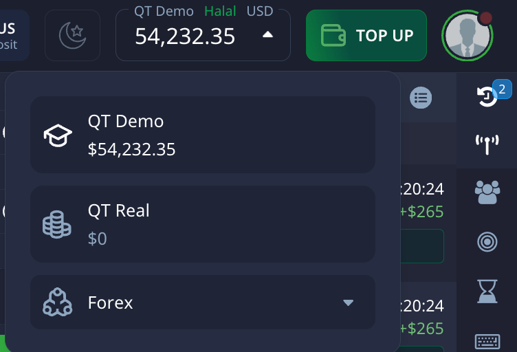 Switching between Pocket Option demo and live account