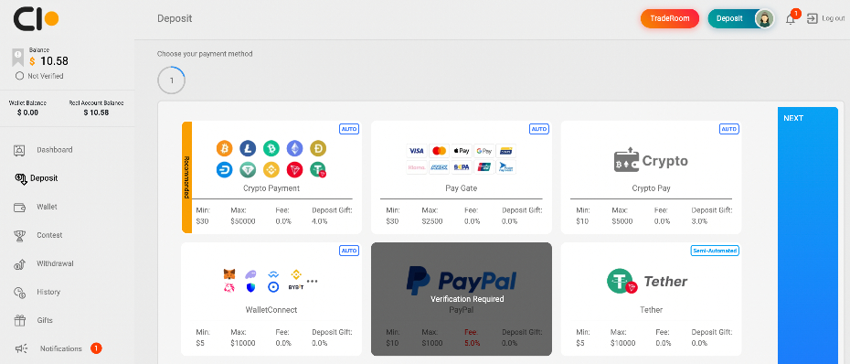 CloseOption client cabinet showing that PayPal requires verification