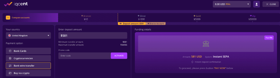 Making a deposit to IQCent binary options platform using a bank wire transfer