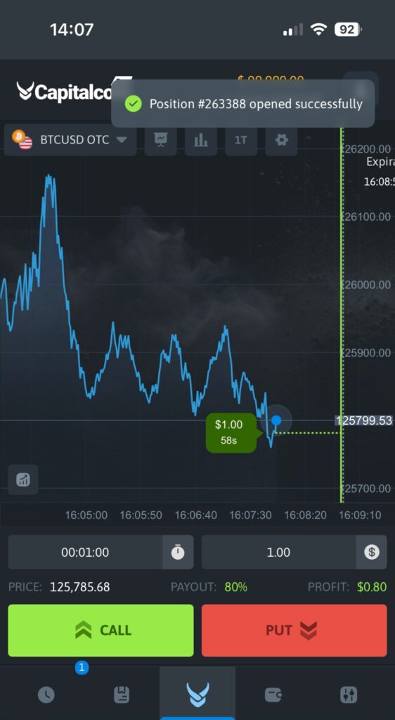 BTC binary options chart on CapitalCore