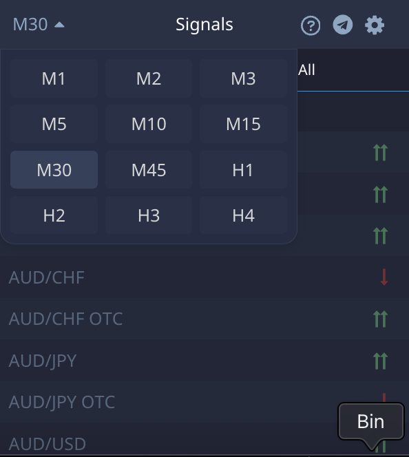 Selecting a timeframe for signals on the Pocket Option platform