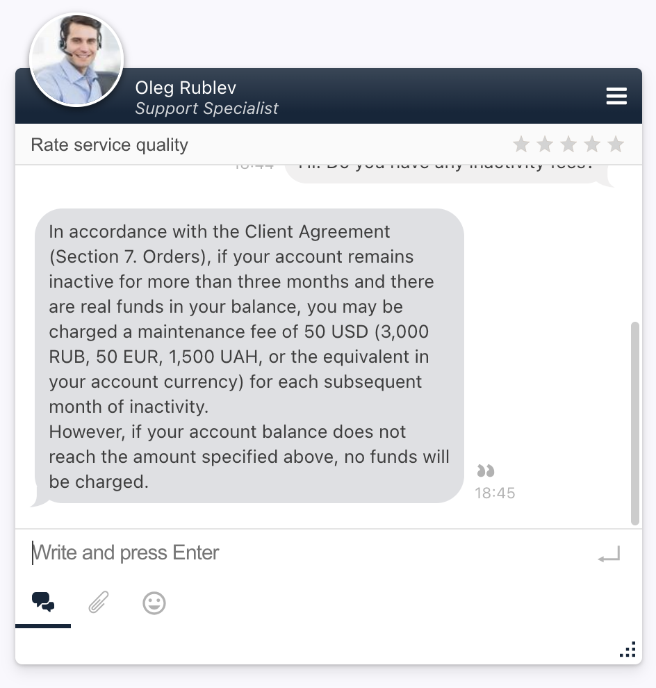 Live chat conversation with Binarium