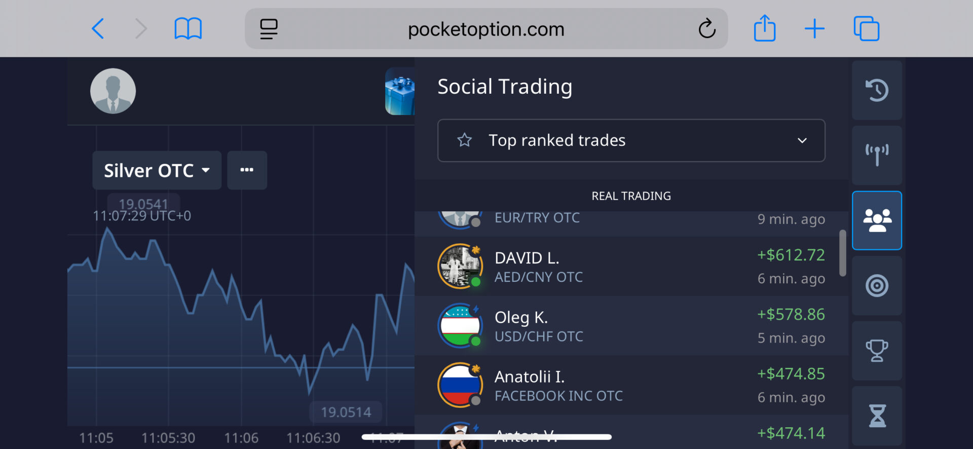 Top ranked copy traders on Pocket Option mobile