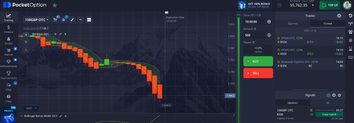 FTSE 100 binary options chart on Pocket Option's platform