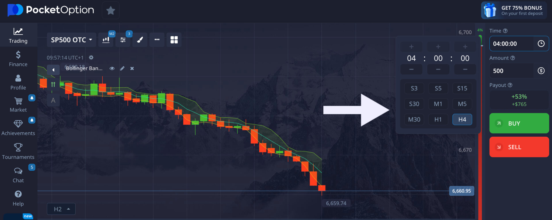 Setting up a same-day option on S&P 500 on Pocket Option