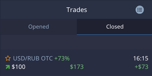 A winning binary trade on Russian Ruble with payout confirmation in trading platform
