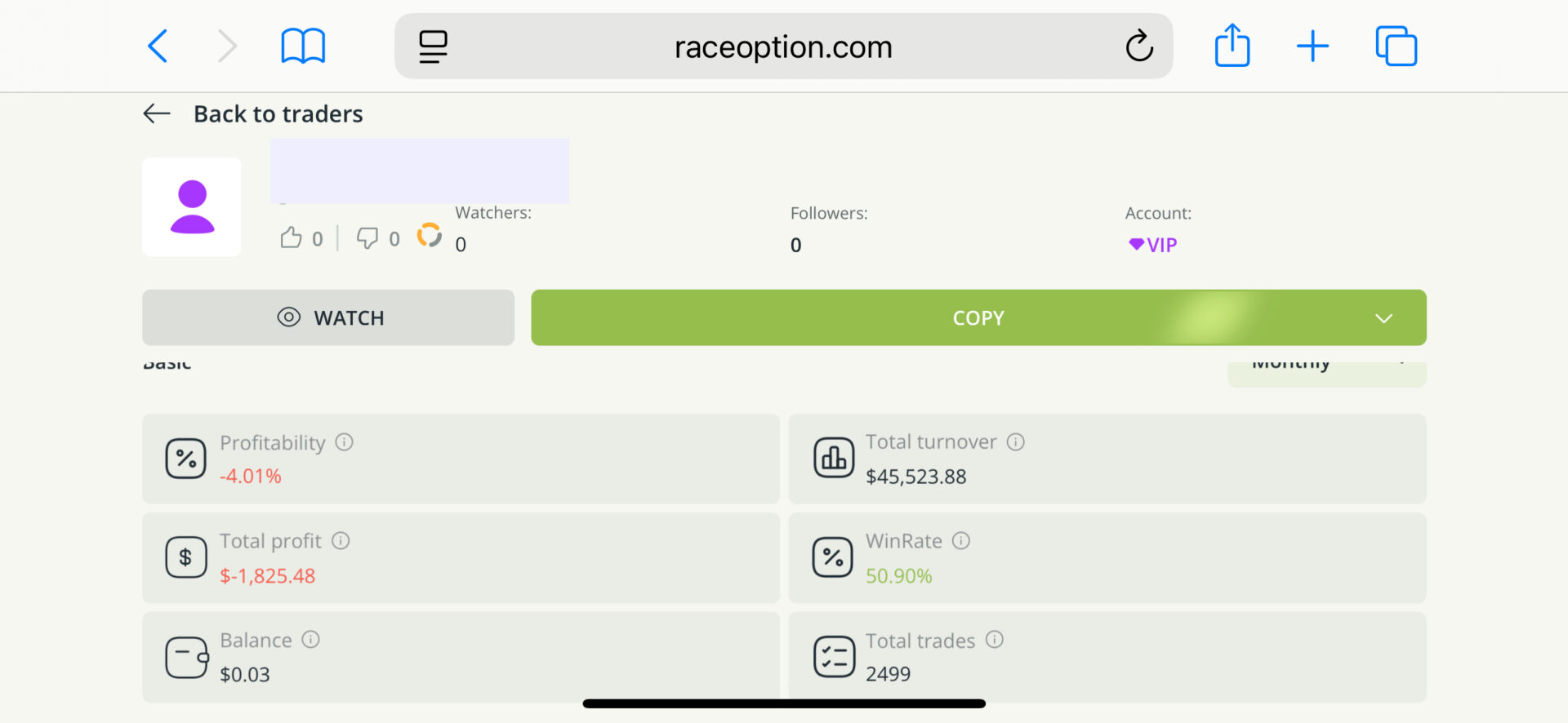 Information about a copy trader on RaceOption's mobile trading app