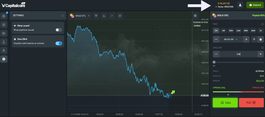 Demo trading chart on Capitalcore