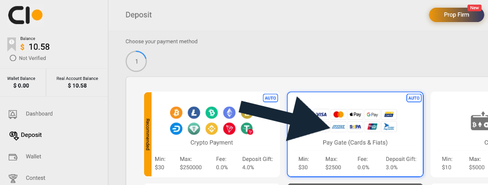 Selecting American Express in CloseOption's payment area