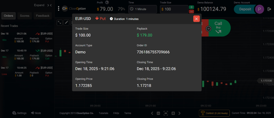 Closed EUR/USD binary options trade with results