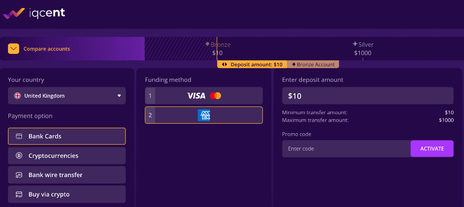 Making a deposit by American Express to IQCent binary options platform