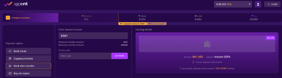 Making a deposit with cryptocurrency to IQCent's binary options platform