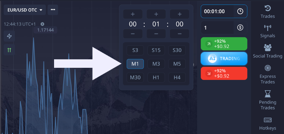 Placing a 60 second binary options trade in the Pocket Option platform