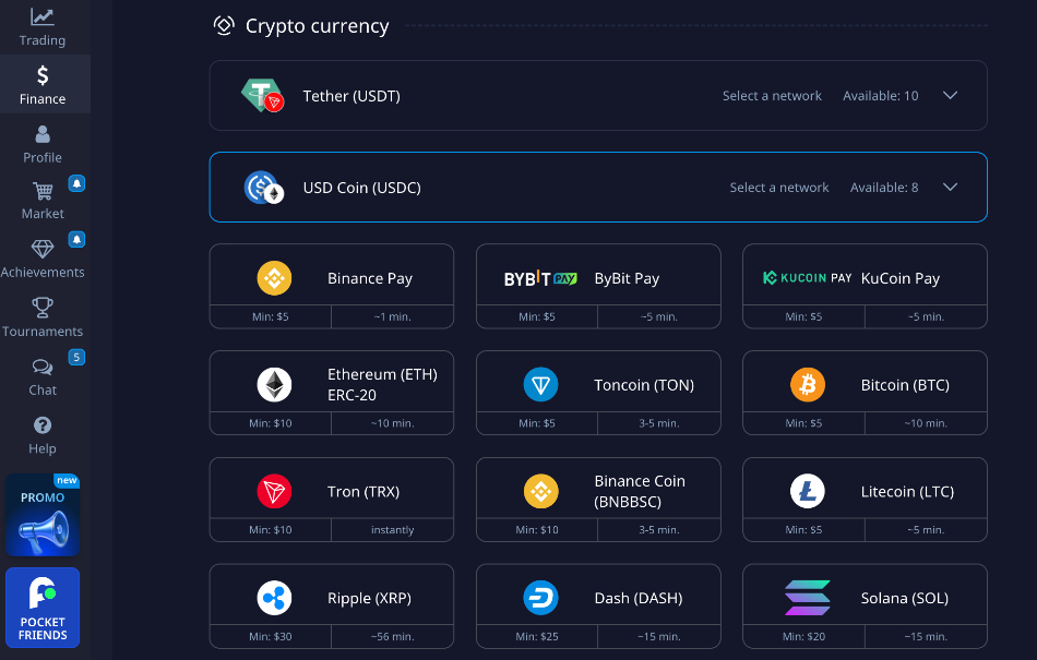 Pocket Option's crypto deposit methods in the client area
