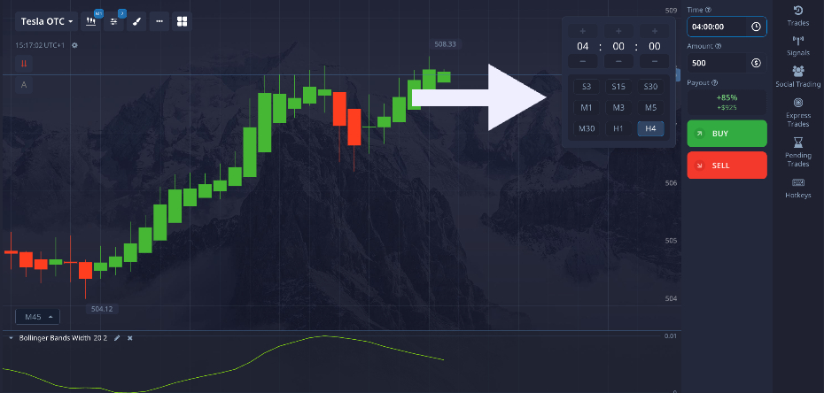 Choosing between intraday binary timeframes in Pocket Option's platform