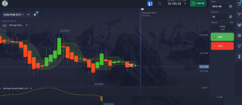 Online binary trading chart on US dollar vs Thai baht on Pocket Option platform