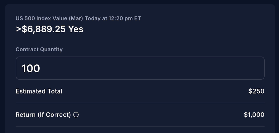 US 500 prediction markets trade from Crypto.com with binary outcome