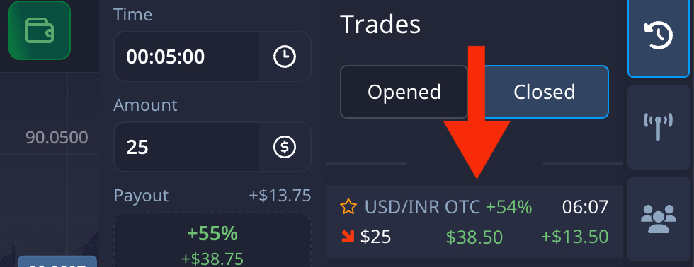 Closed binary trade result on USD/INR
