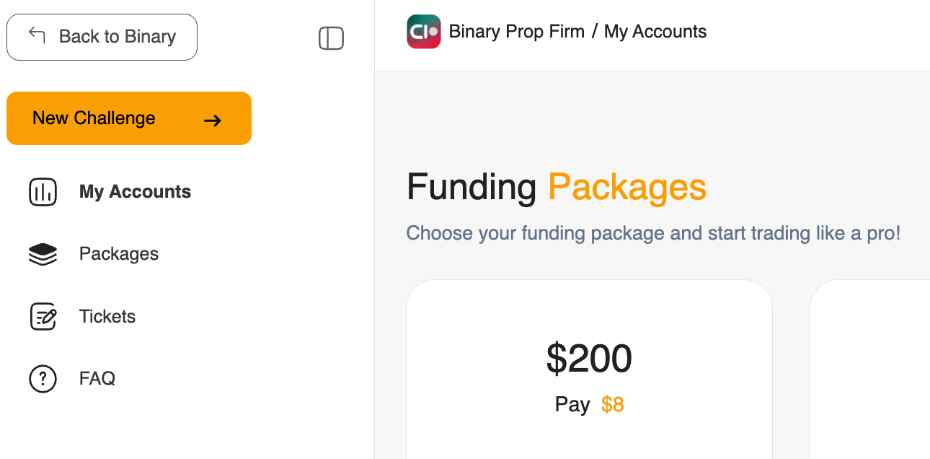 Funded account area in the CloseOption TradeRoom