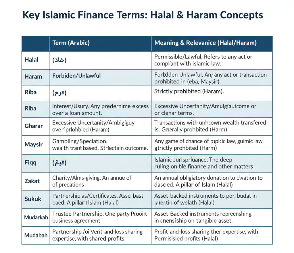 Table summarizing key Islamic finance concepts including Halal, Haram, Riba, Gharar, Maysir, and Fiqh, explaining their meanings and relevance to ethical investing.