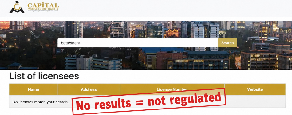 Kenya CMA showing no results for BetaBinary broker