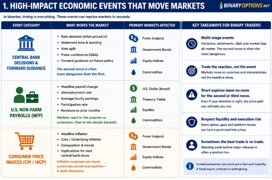 Infographic explaining how high-impact economic events can affect binary options markets and payouts