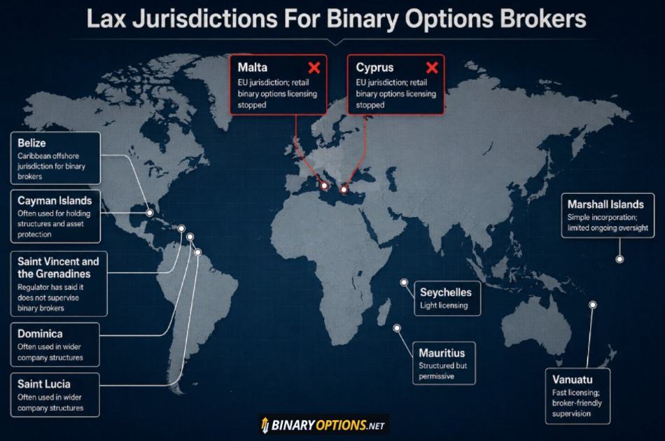 Map showing offshore and lax jurisdictions binary options brokers are often based
