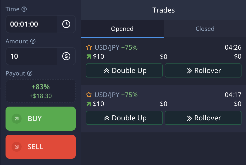 Pocket Option JPY/USD trade results