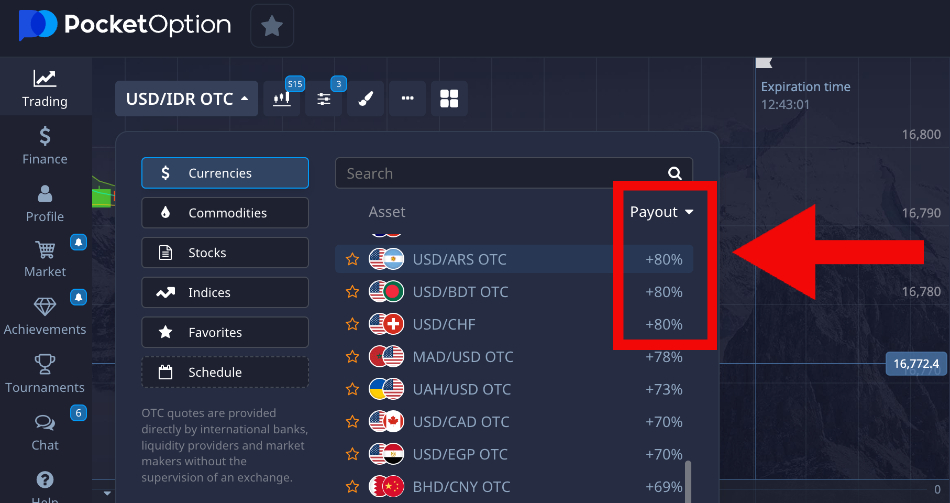 Percentage payouts highlighted in the Pocket Option platform