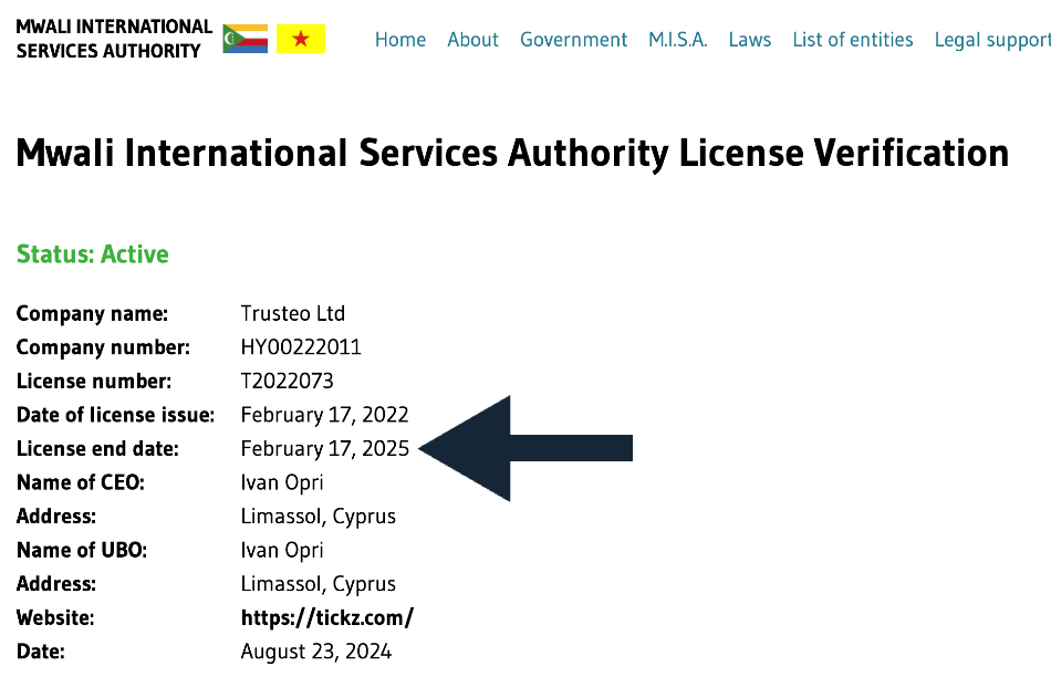 Tickz regulatory license showing as expired