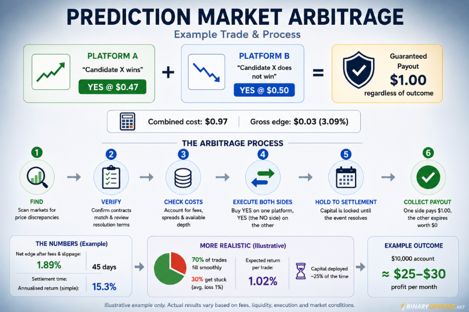 Infographic showing how a prediction market arbitrage trade could work