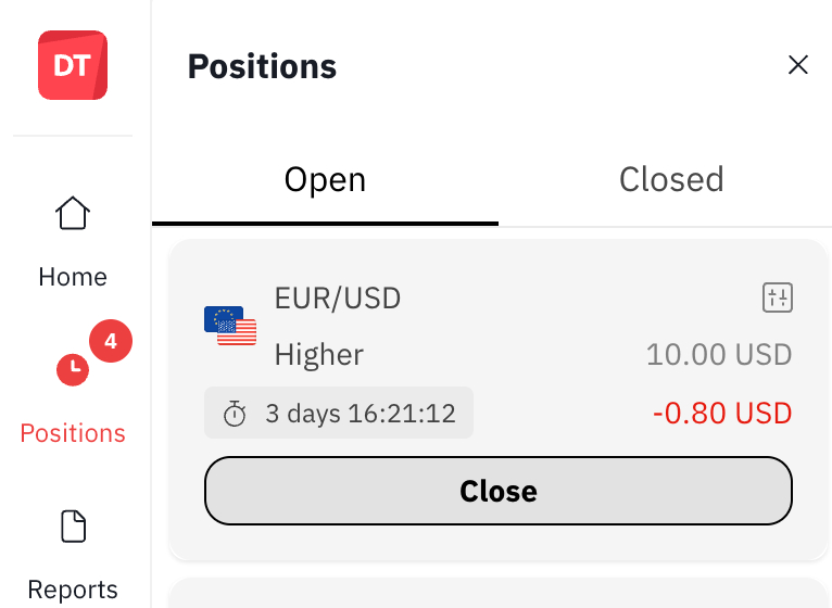EUR/USD binary swing trade open position confirmation in Deriv platform