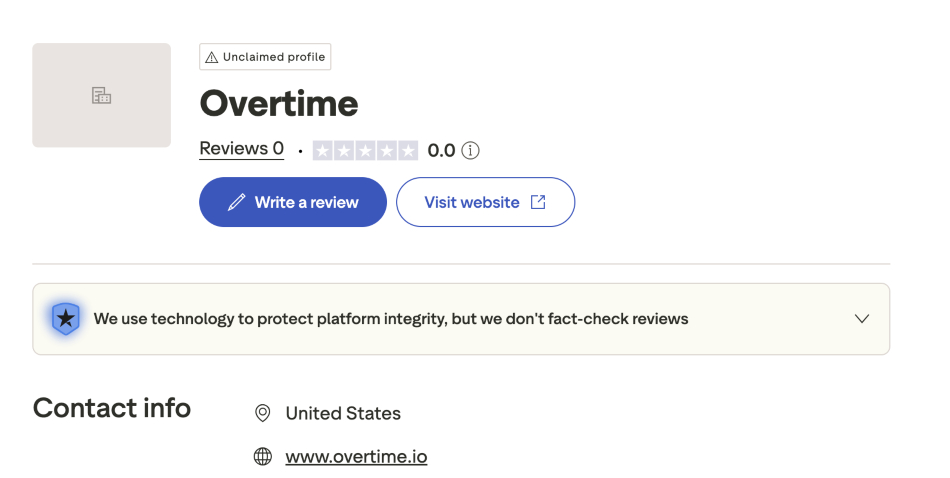 Overtime Trustpilot profile showing no reviews during testing
