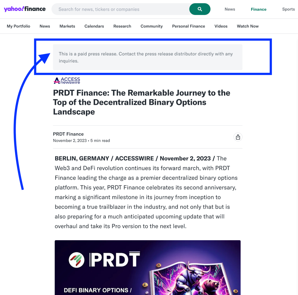 PRDT paid press release on Yahoo Finance