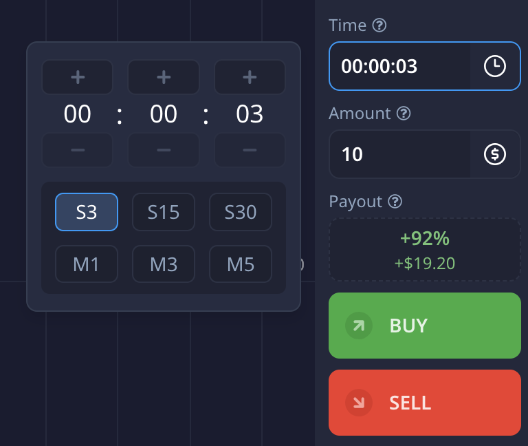 Selecting a 3 second contract on the Pocket Option platform to make quick scalping binary options trades